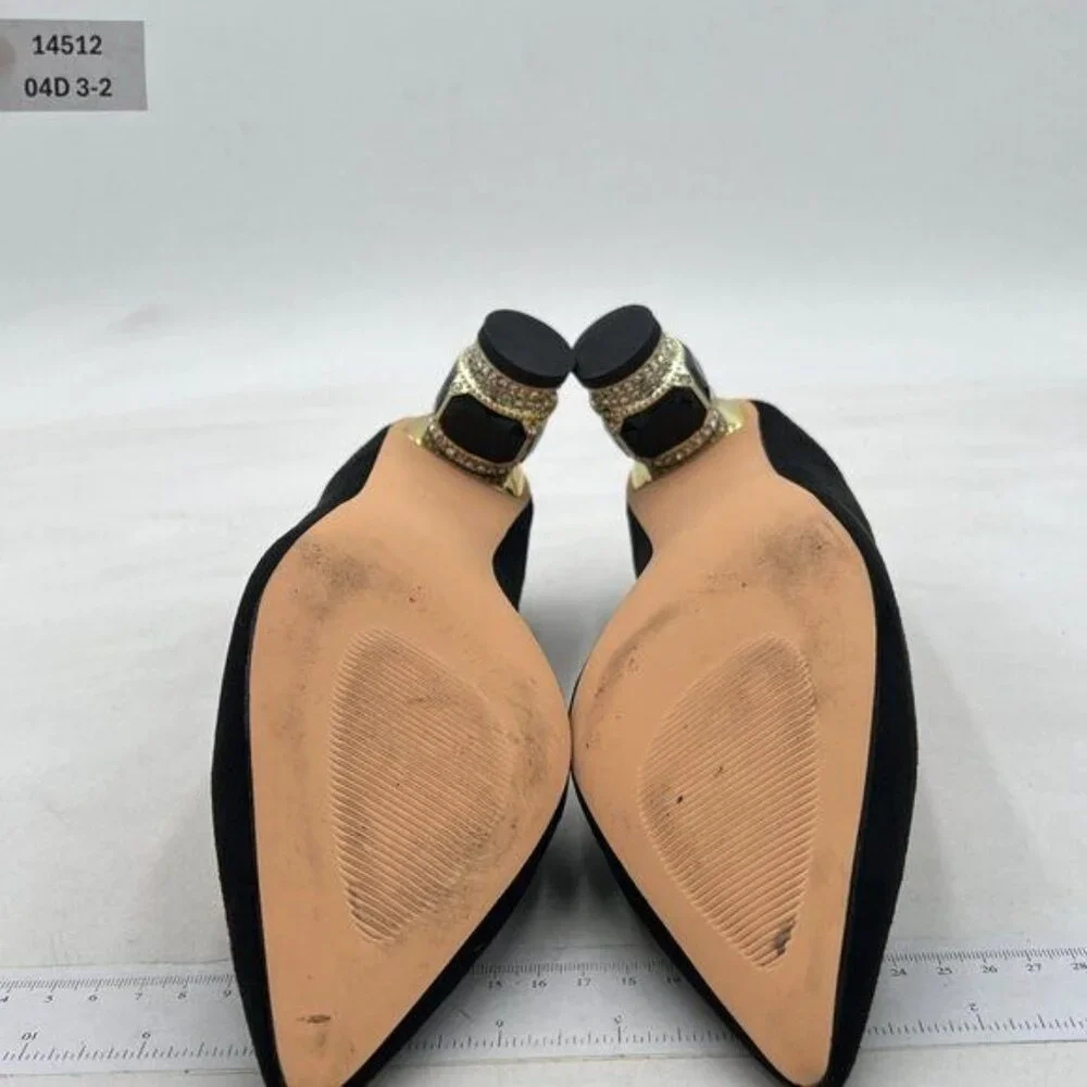 FSJ Black Suede Crystal Pumps Slip on Wedding Shoes